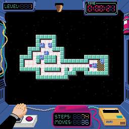 Bansoko gameplay: a level of crates and targets rendered in 8-bit pixel art