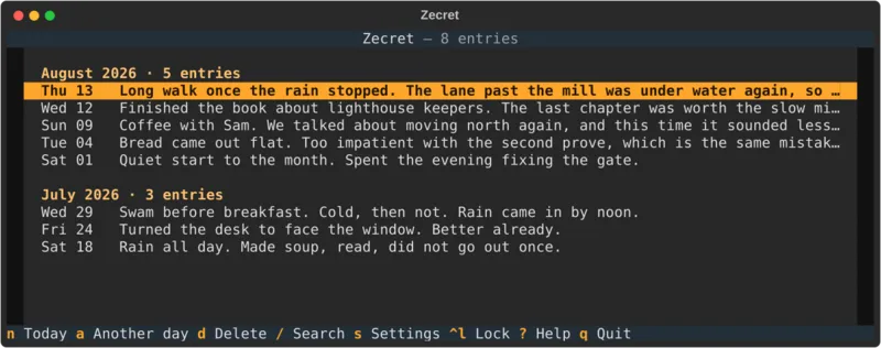 Zecret running in a terminal, listing diary entries by month